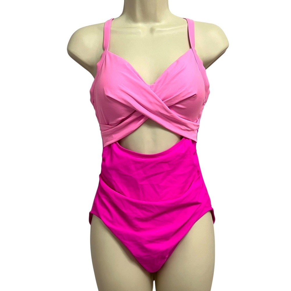 Eomenie Swimsuit Womens Small Pink Colorblock Cutout One Piece Tie Back Ruched